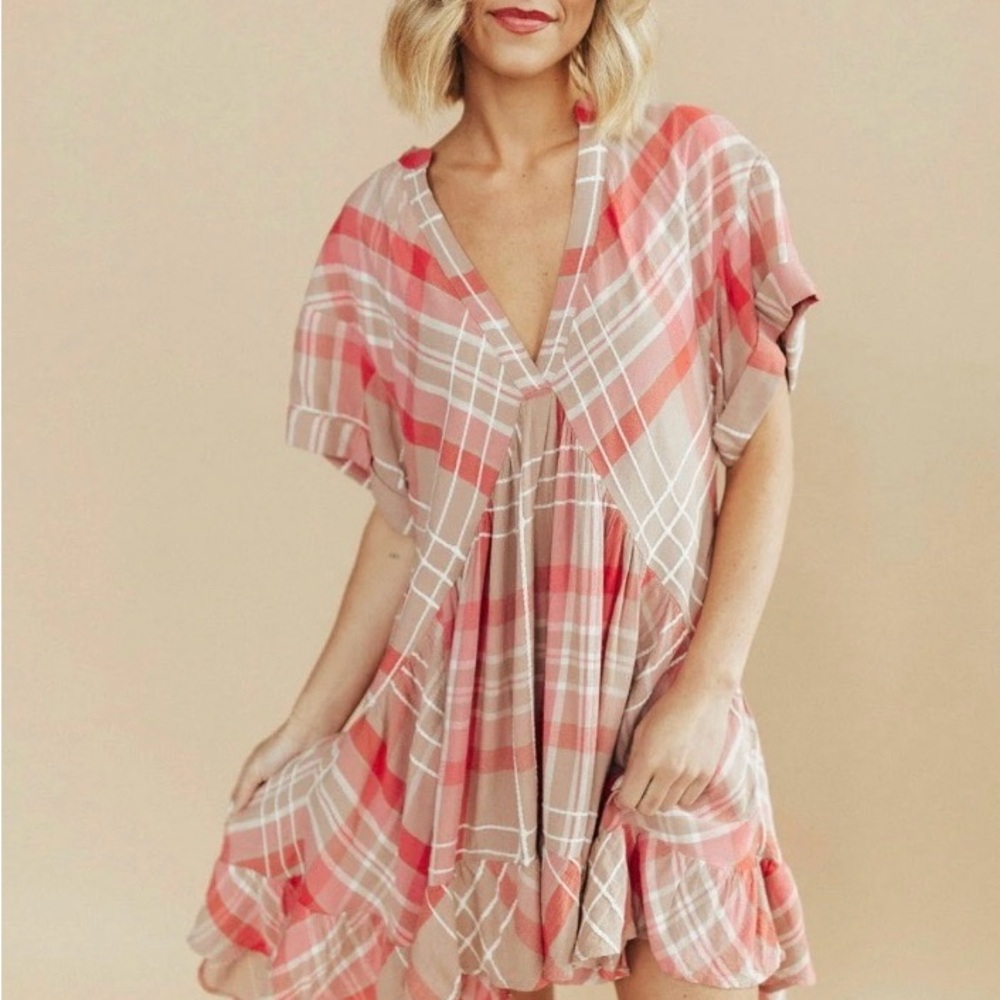 Free People Plaid Dress in Pink and Tan
